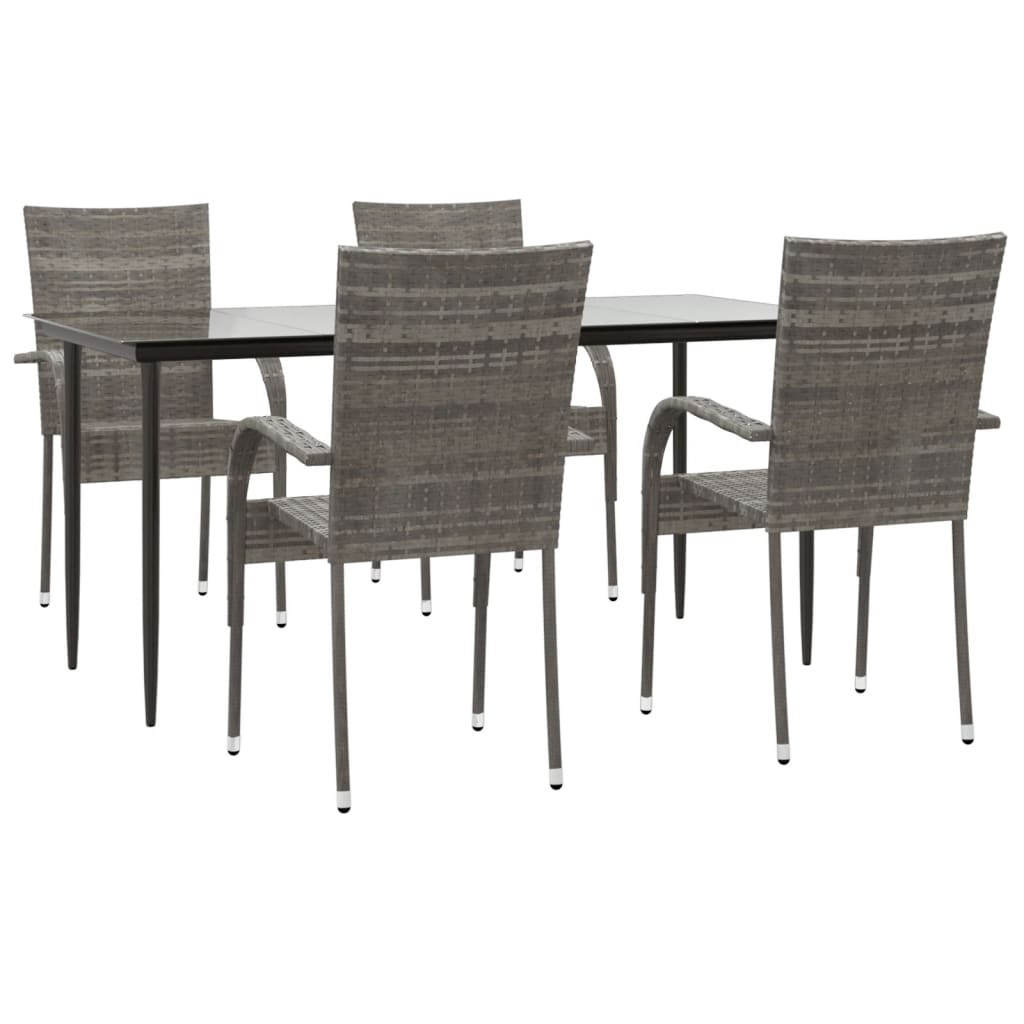 Garden Dining Set Grey PE rattan, powder-coated steel, tempered glass