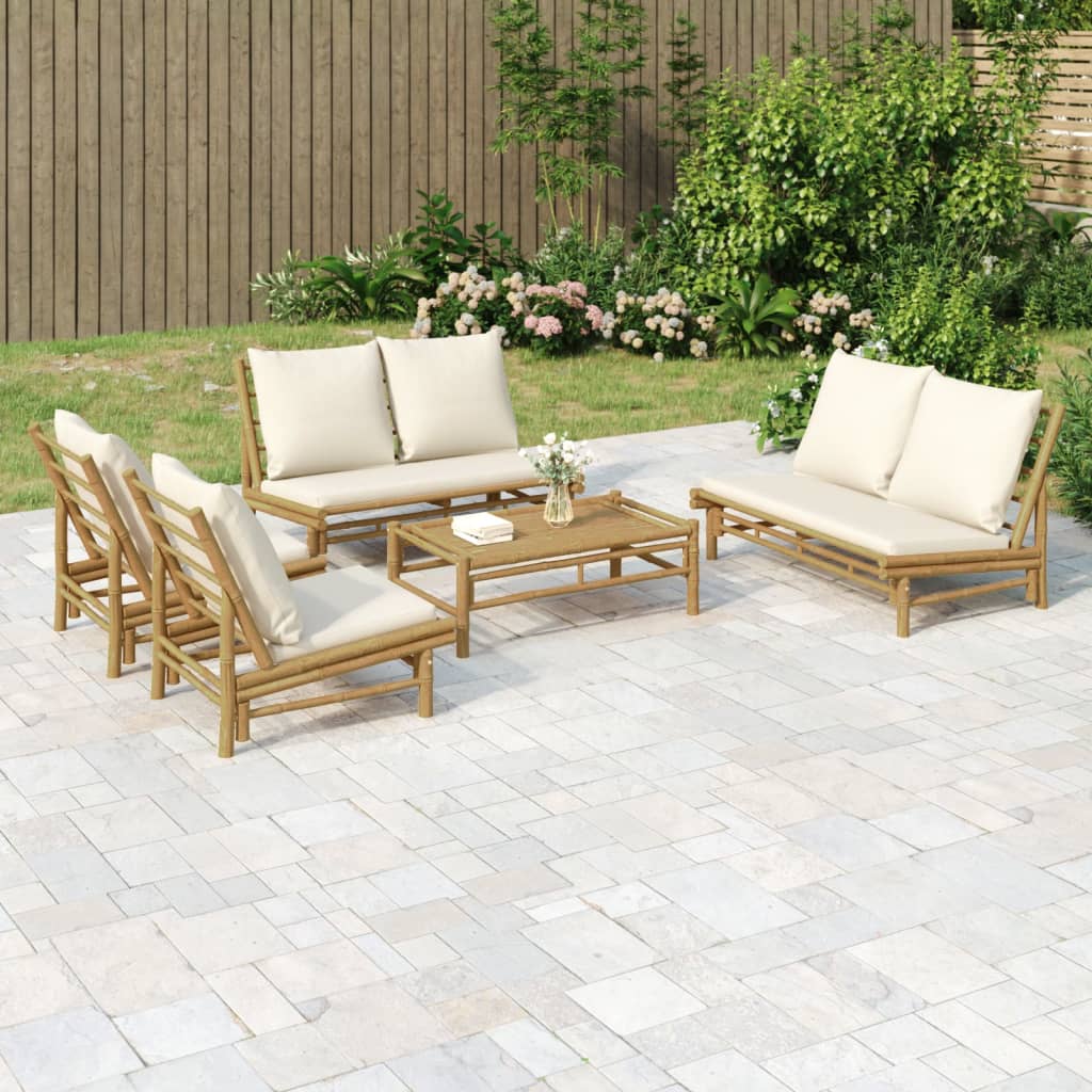 Garden Lounge Set Natural Bamboo, Cream White Bamboo, Polyester
