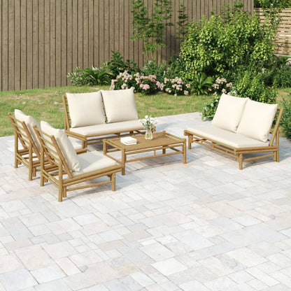 Garden Lounge Set Natural Bamboo, Cream White Bamboo, Polyester