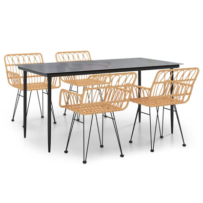 Garden Dining Set Black Polyethylene Rattan, Steel, Tempered Glass