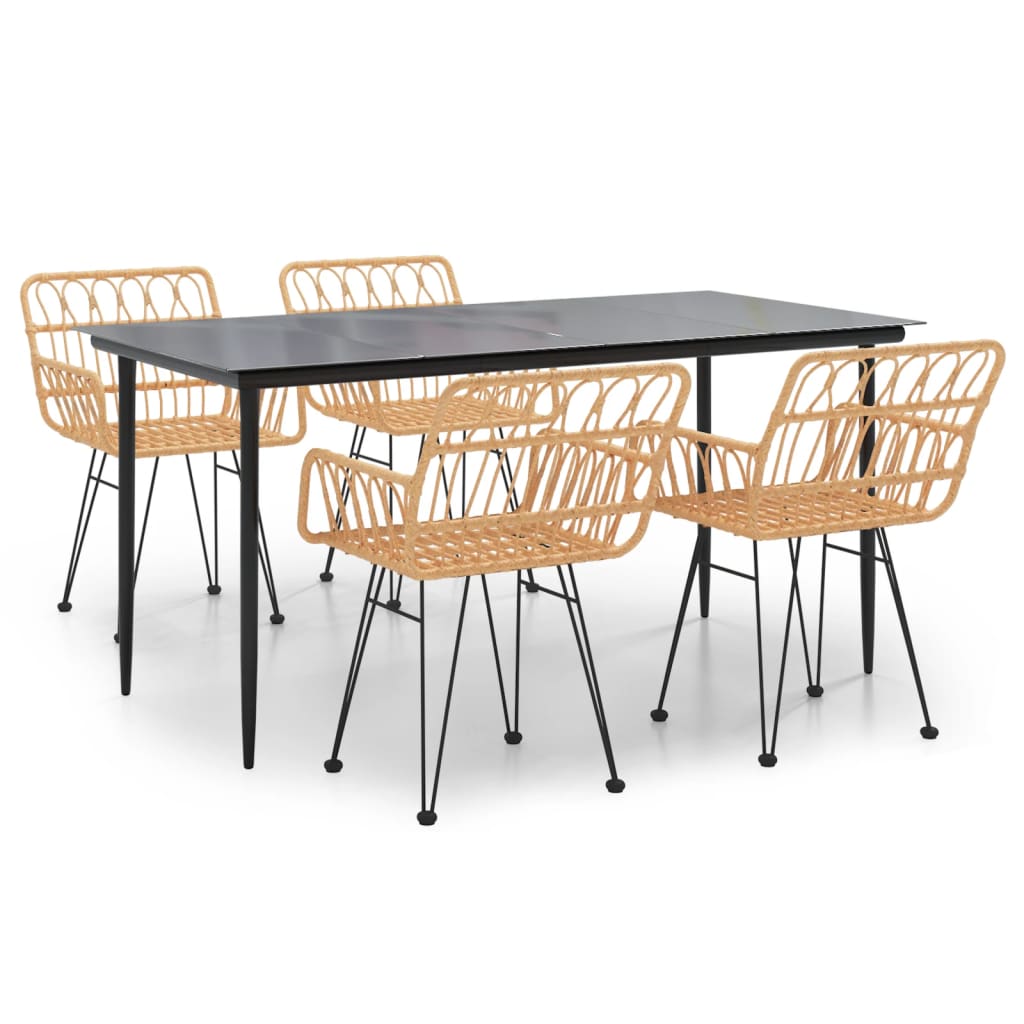 Garden Dining Set Black Polyethylene Rattan, Steel, Tempered Glass