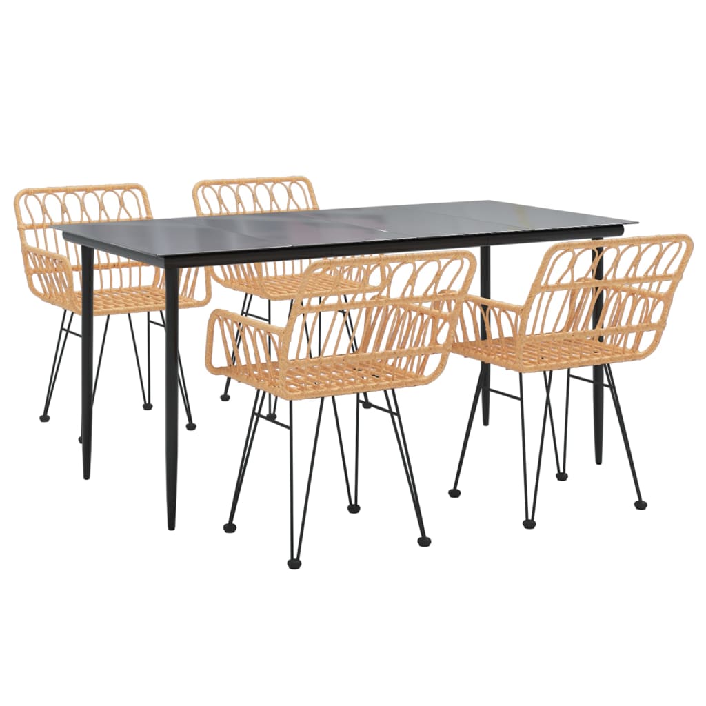 Garden Dining Set Black Polyethylene Rattan, Steel, Tempered Glass