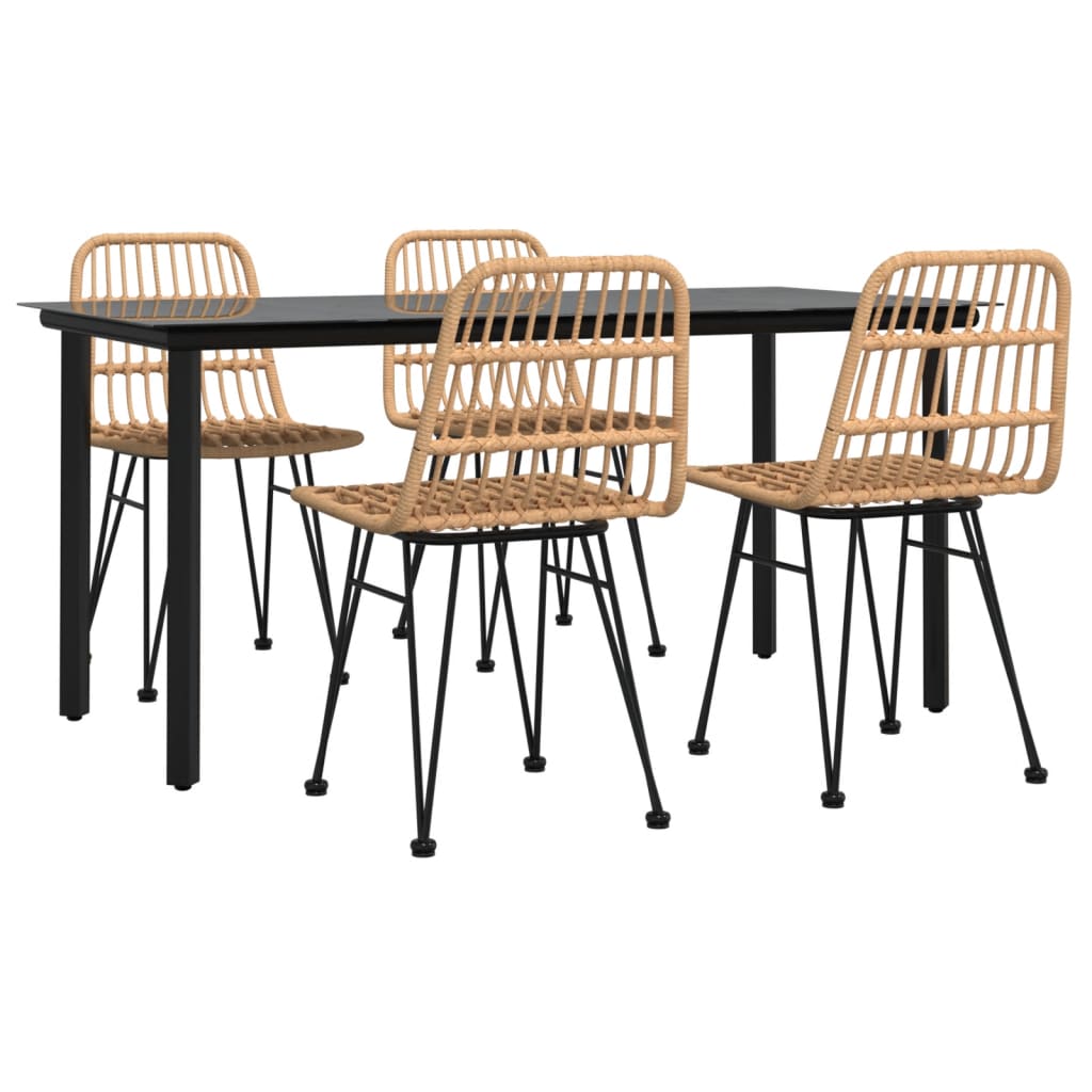 Garden Dining Set Black Steel, Poly Rattan, Tempered Glass Medium