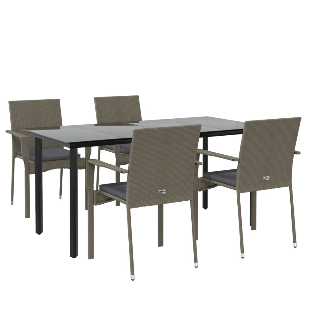 Garden Dining Set Black and Grey PE Rattan, Steel, Tempered Glass