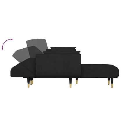 L-shaped Sofa Bed Black Velvet (100% polyester), wood, plywood