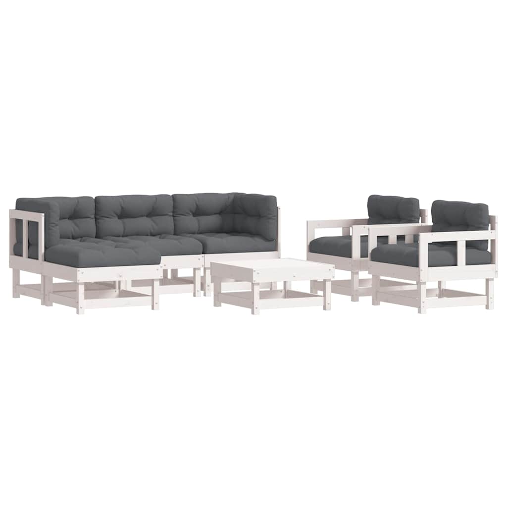 Garden Lounge Set White Solid pine wood, Oxford fabric 7 Piece Set