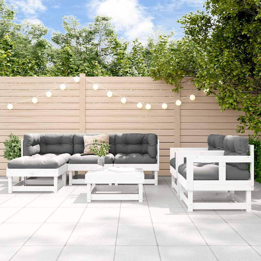 Garden Lounge Set White Solid pine wood, Oxford fabric 7 Piece Set