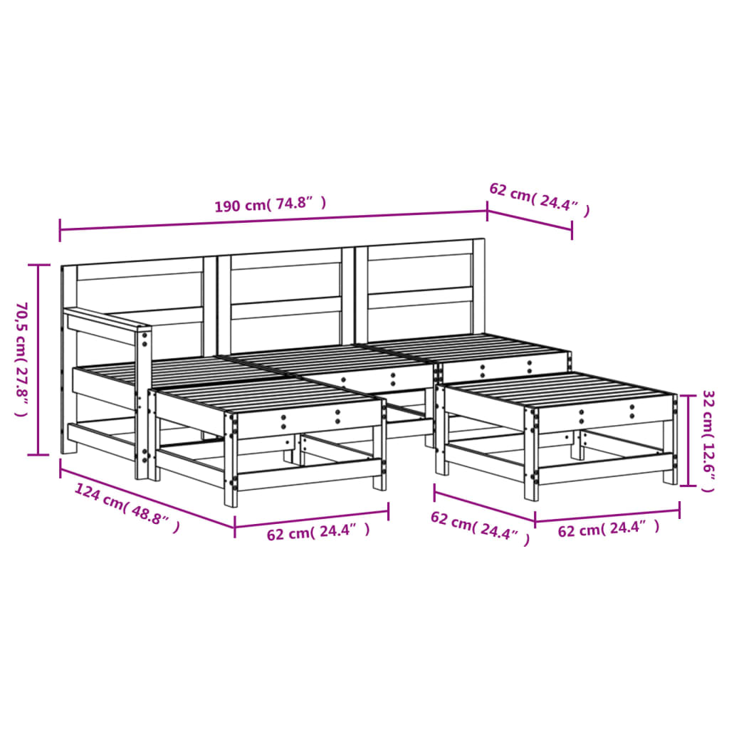 Garden Lounge Set White Solid Pine Wood 5 Piece Set Modular