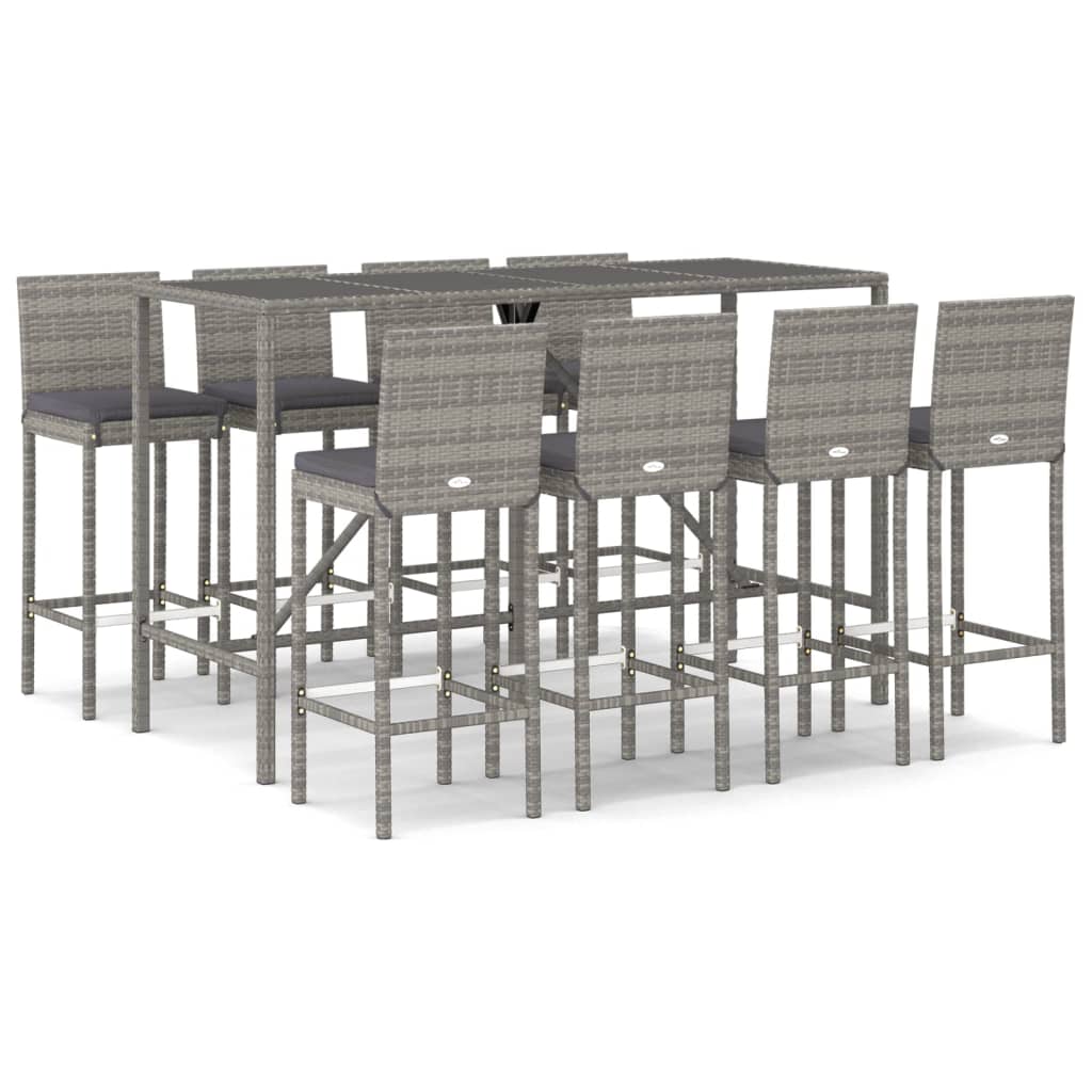 Garden Bar Set Grey PE Rattan, Powder-Coated Steel, Tempered Glass