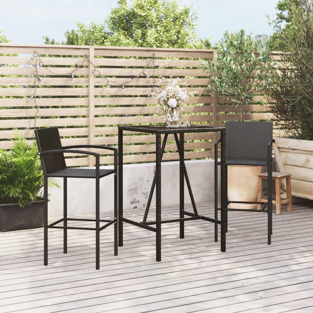 Garden Bar Set Black PE rattan, powder-coated steel, tempered glass