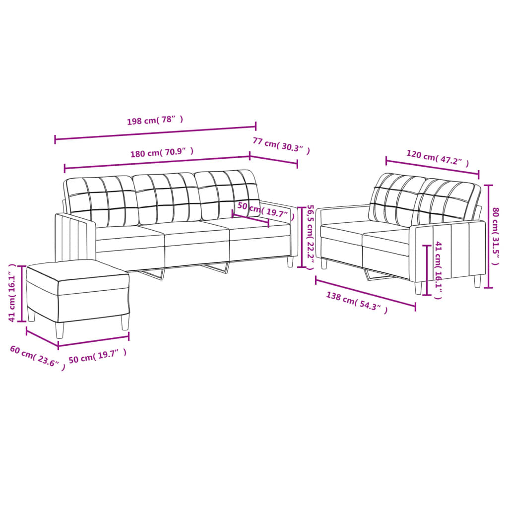 Sofa Set Dark Grey Fabric 2-Seater, 3-Seater, Footstool Sofa Set