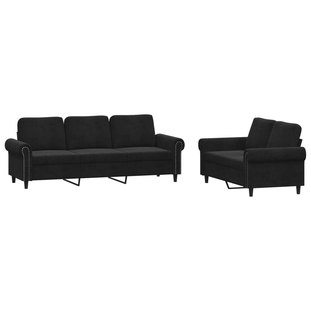 Sofa Set Black Velvet (100% polyester), metal, textilene, plywood