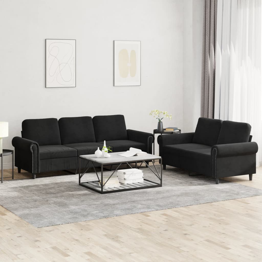 Sofa Set Black Velvet (100% polyester), metal, textilene, plywood