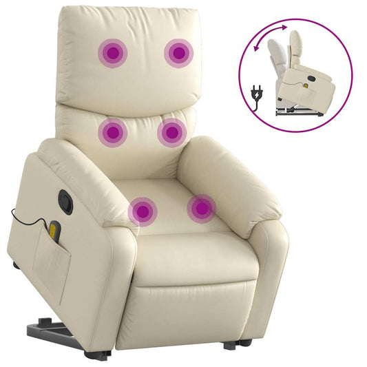 Stand Up Massage Recliner Chair Cream Faux leather, metal, wood