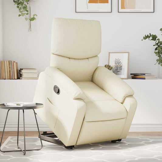 Stand Up Massage Recliner Chair Cream Faux leather, metal, wood