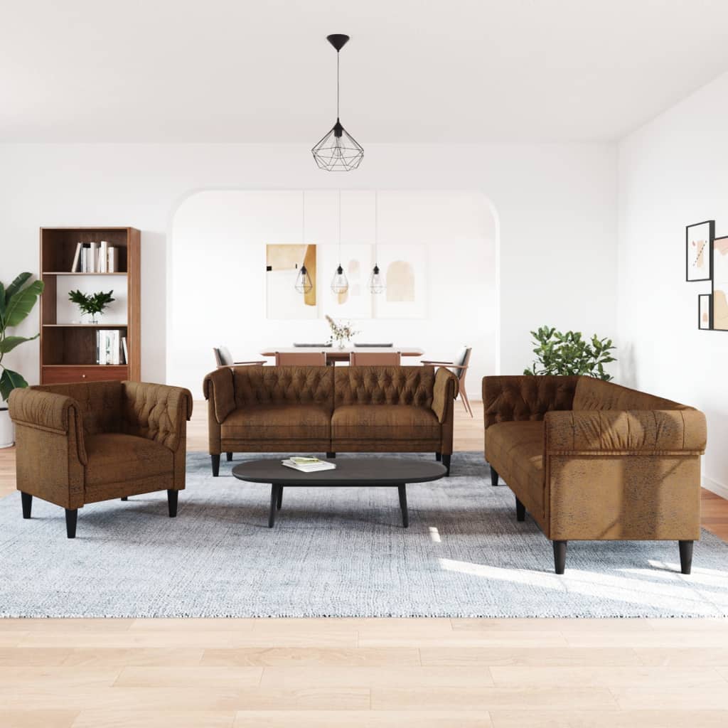 Sofa Set Brown Polyester 3-seater Sofa Set Rectangular Modern