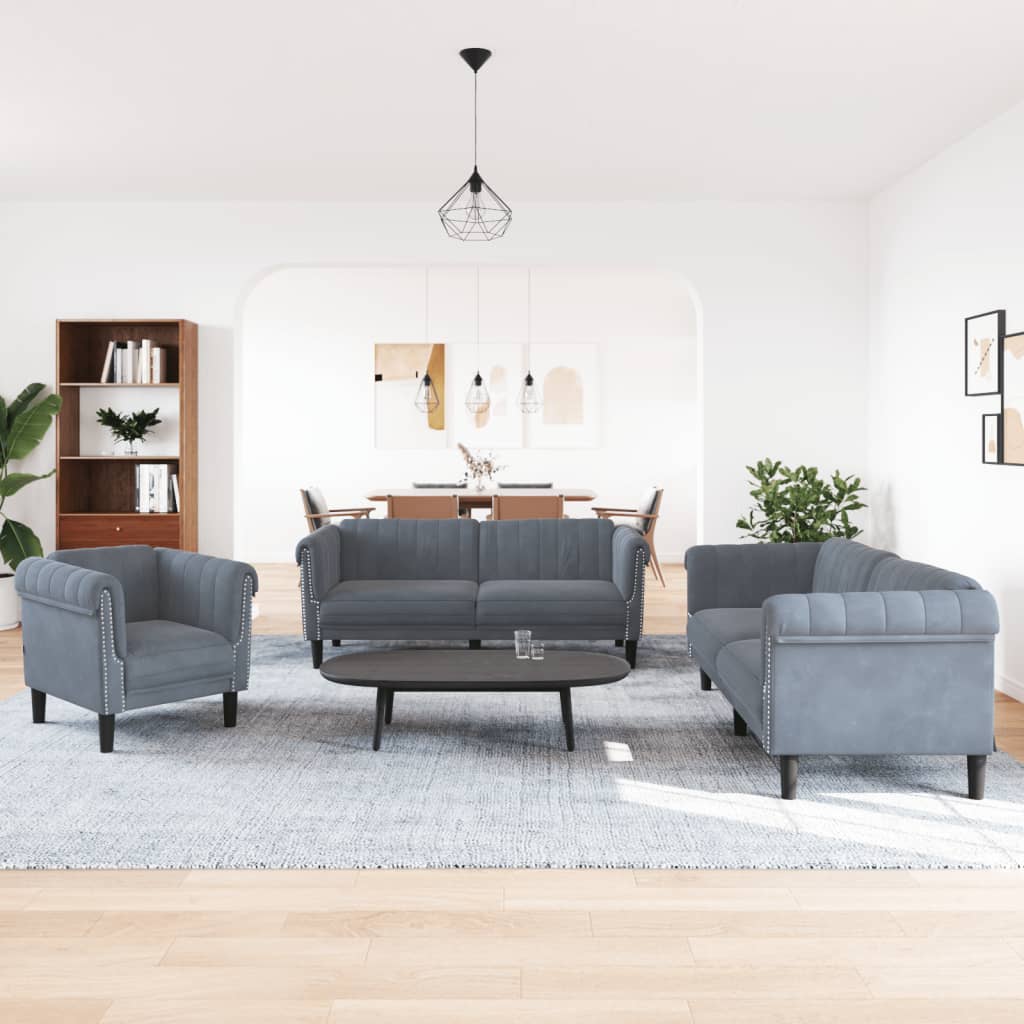 Sofa Set Dark grey Velvet (100% polyester), plywood, solid wood