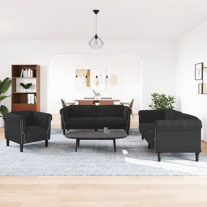 Sofa Set Black Velvet (100% polyester), plywood, solid wood, foam