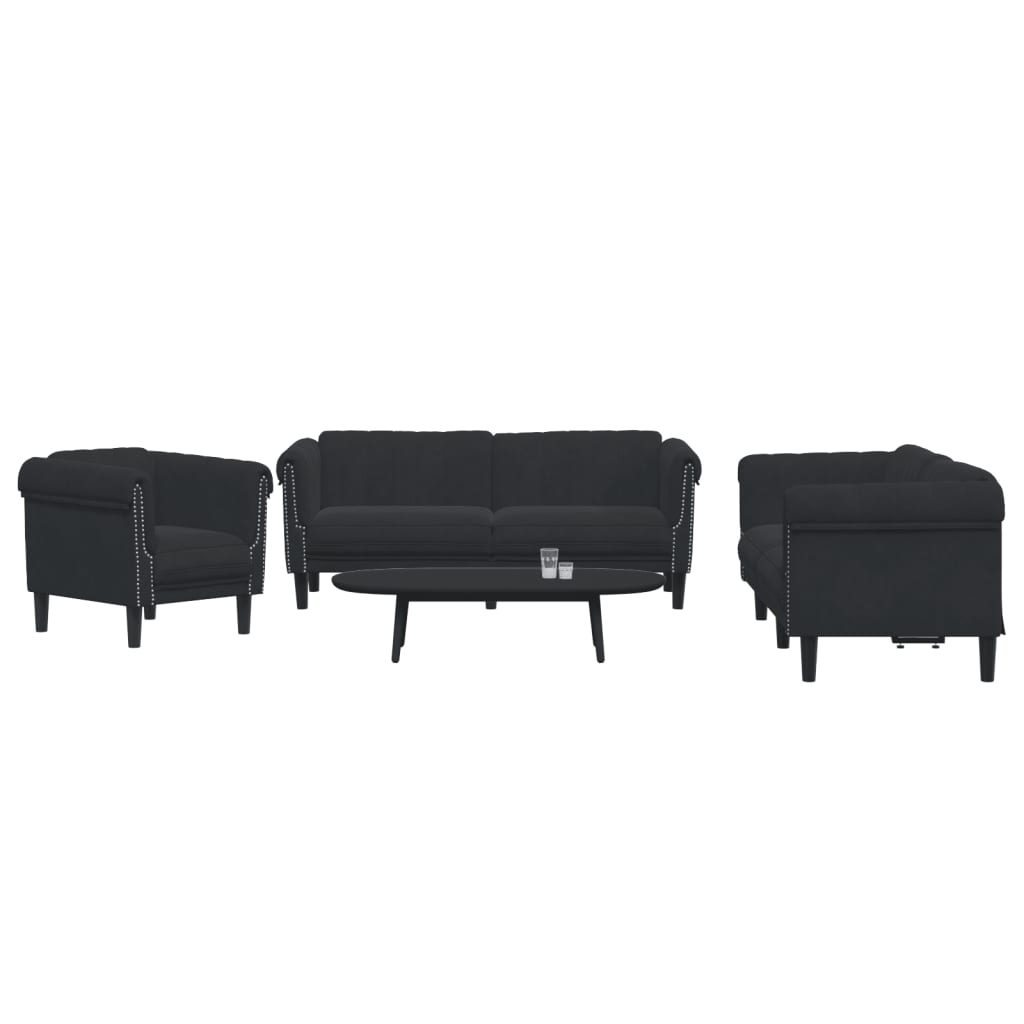 Sofa Set Black Velvet (100% polyester), plywood, solid wood, foam