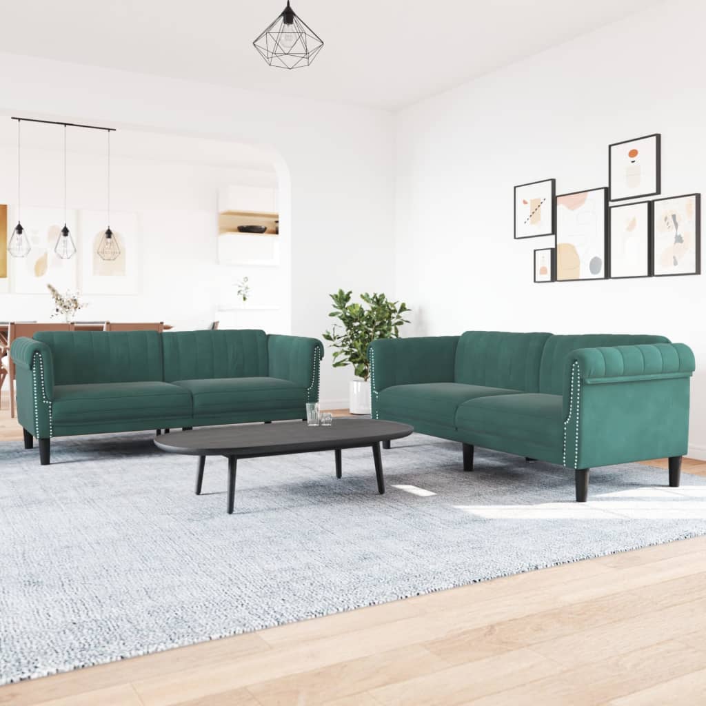 Sofa Set Dark Green Velvet 2-Seater Ergonomic Sofa Set