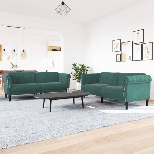 Sofa Set Dark Green Velvet 2-Seater Ergonomic Sofa Set