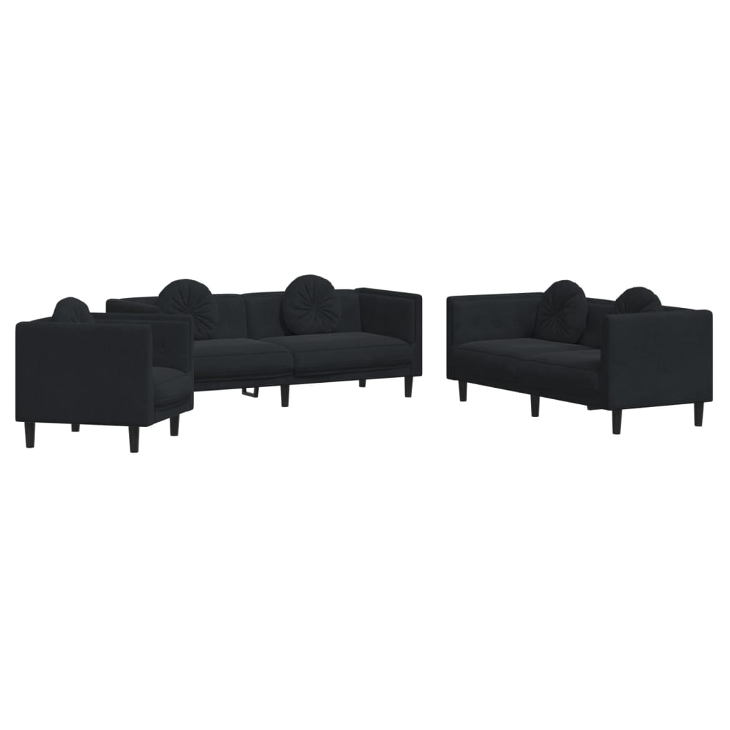 Sofa Set Black Velvet, Plywood, Solid Wood 3 Piece