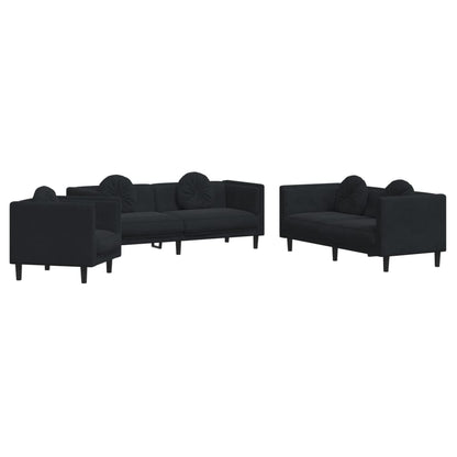 Sofa Set Black Velvet, Plywood, Solid Wood 3 Piece