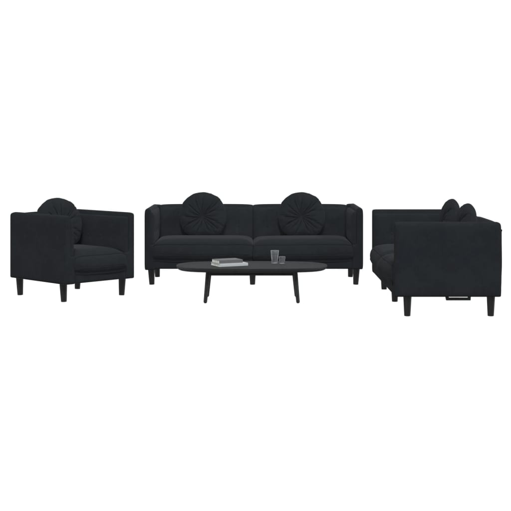 Sofa Set Black Velvet, Plywood, Solid Wood 3 Piece