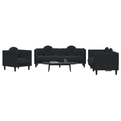 Sofa Set Black Velvet, Plywood, Solid Wood 3 Piece