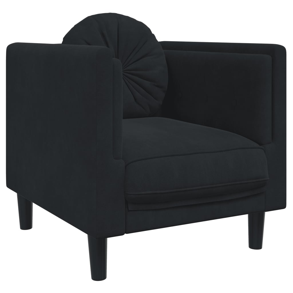 Sofa Set Black Velvet, Plywood, Solid Wood 3 Piece