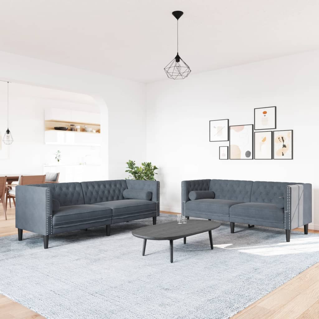 Chesterfield Sofa Set Dark gray Velvet, Foam, Wood Large