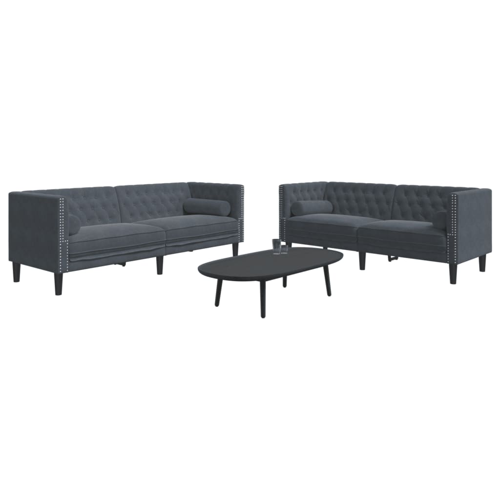 Chesterfield Sofa Set Dark gray Velvet, Foam, Wood Large