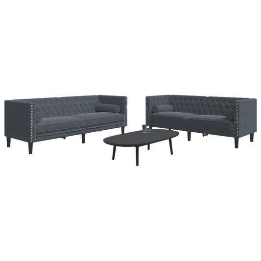 Chesterfield Sofa Set Dark gray Velvet, Foam, Wood Large