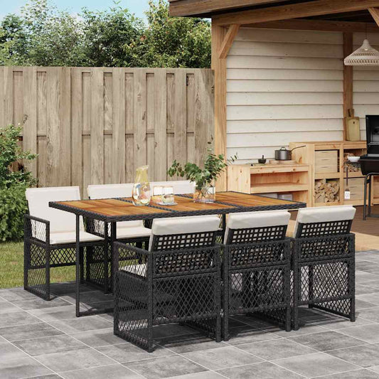 Garden Dining Set Black, Cream White PE Rattan, Steel, Acacia Wood