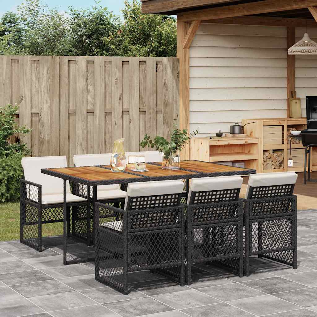 Garden Dining Set Black, Cream White PE Rattan, Steel, Acacia Wood