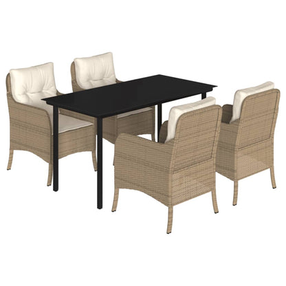 Garden Dining Set Beige and Black Poly Rattan, Steel, Tempered Glass
