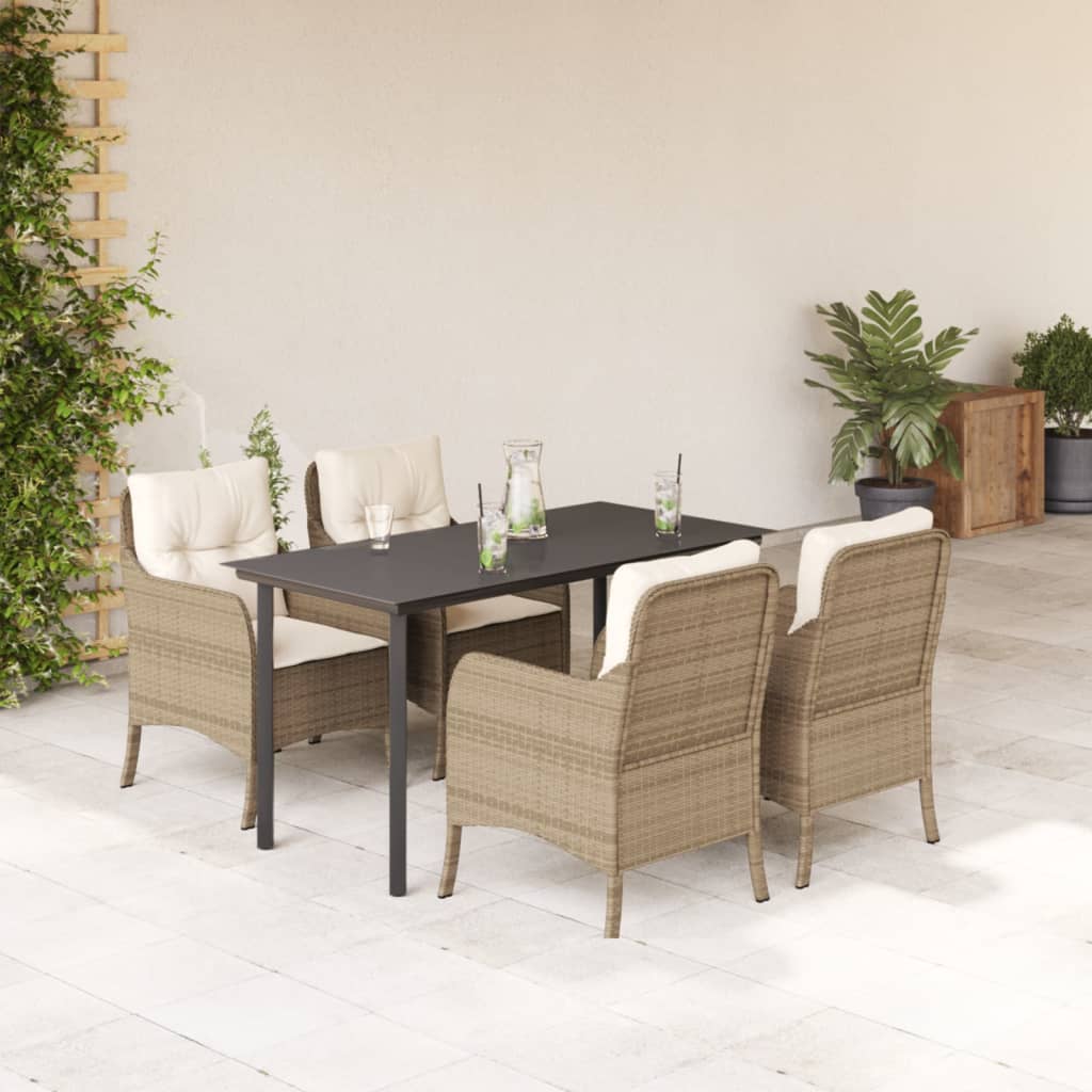Garden Dining Set Beige and Black Poly Rattan, Steel, Tempered Glass