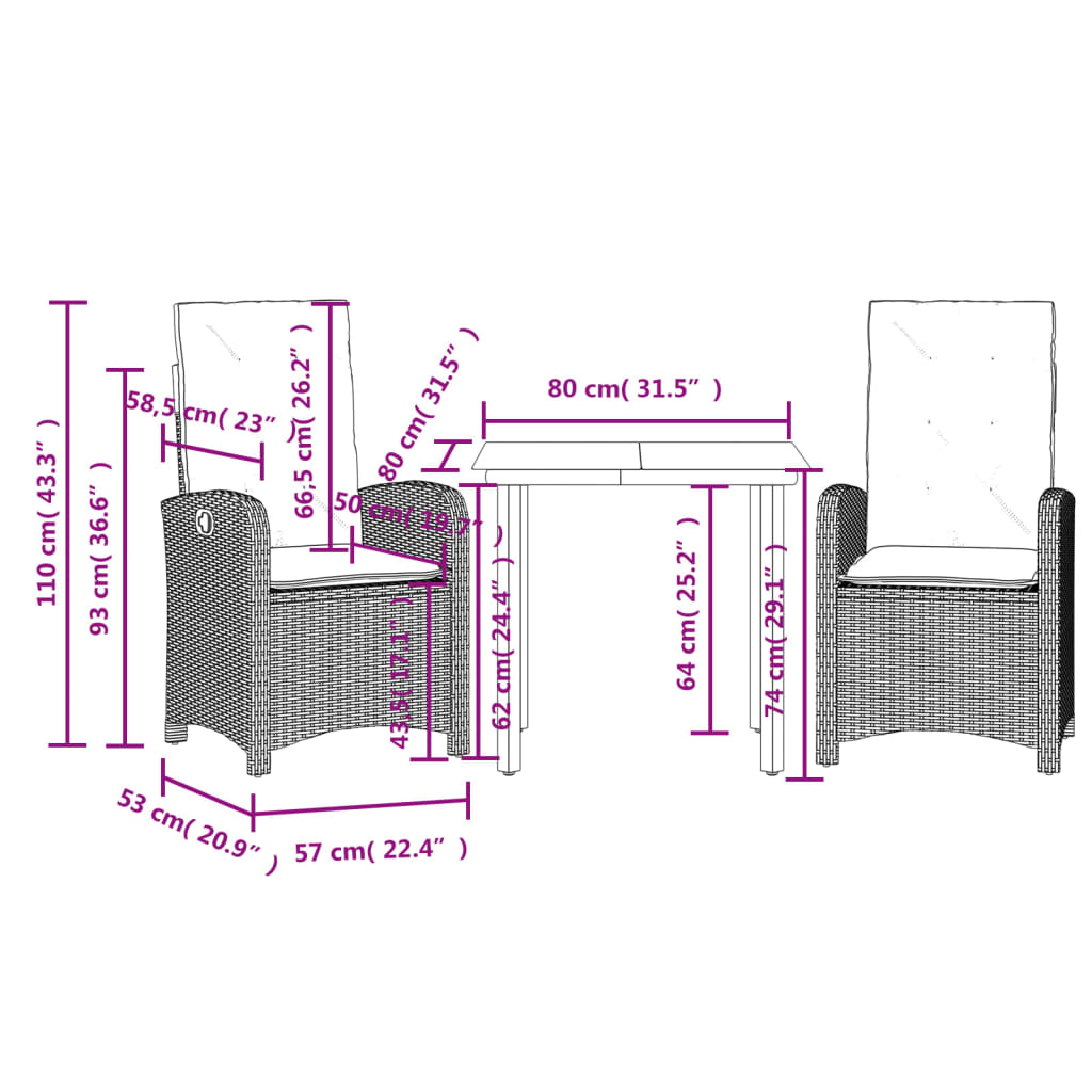 Garden Dining Set Black PE Rattan Adjustable Feet