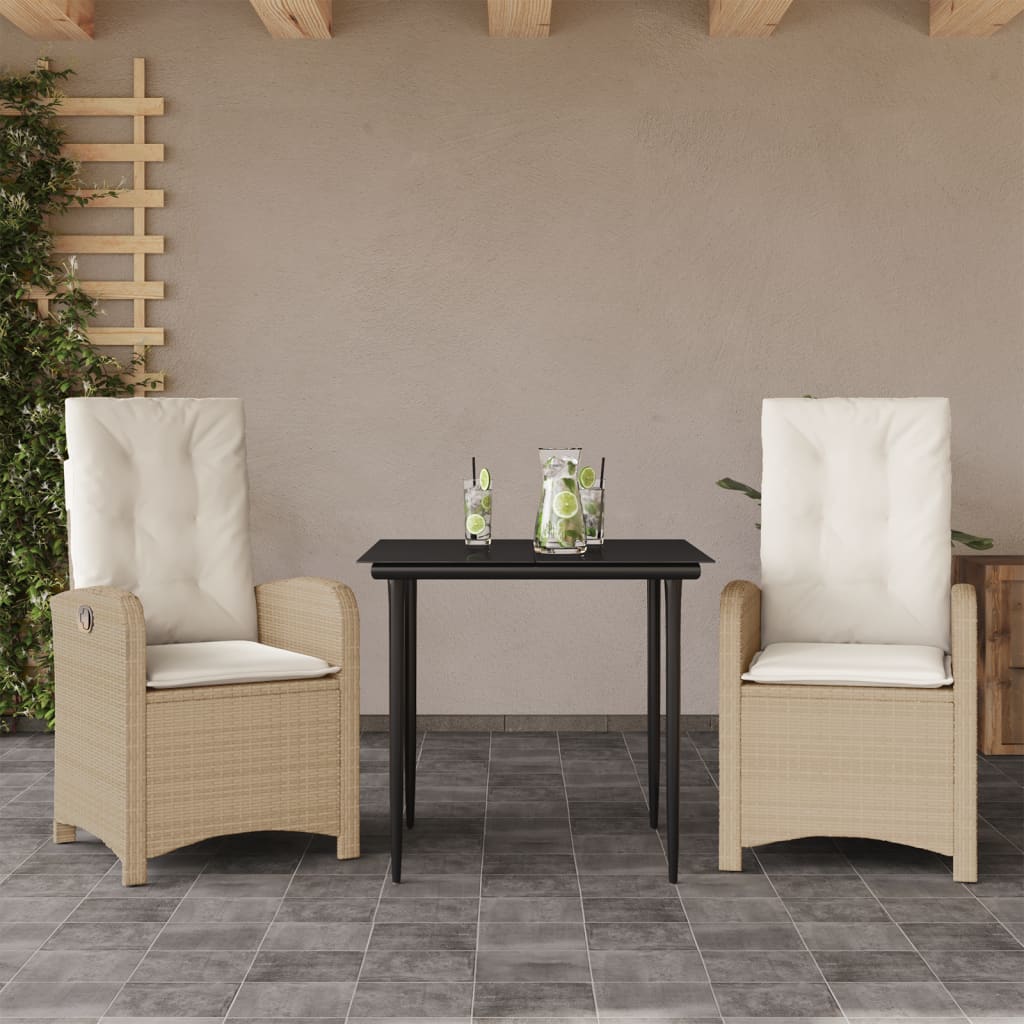 Garden Dining Set Beige, Black PE Rattan, Powder-Coated Steel