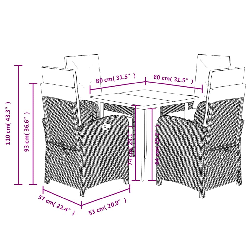 Garden Dining Set Grey PE Rattan Medium Adjustable Footrests