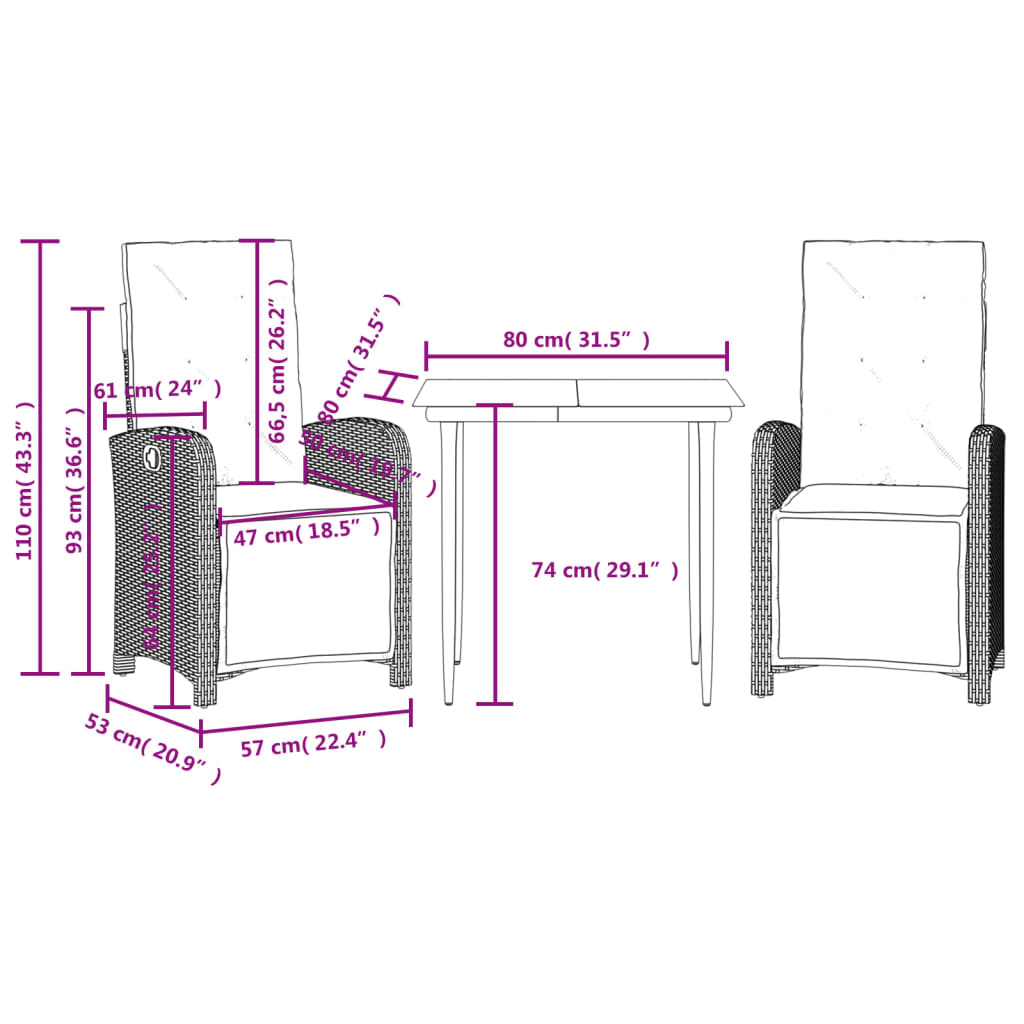 Bistro Set Grey PE rattan Standard Adjustable Footrests