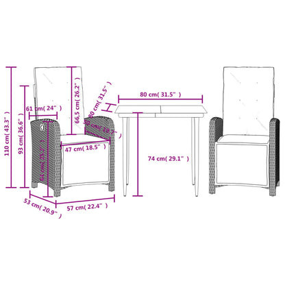 Bistro Set Grey PE rattan Standard Adjustable Footrests