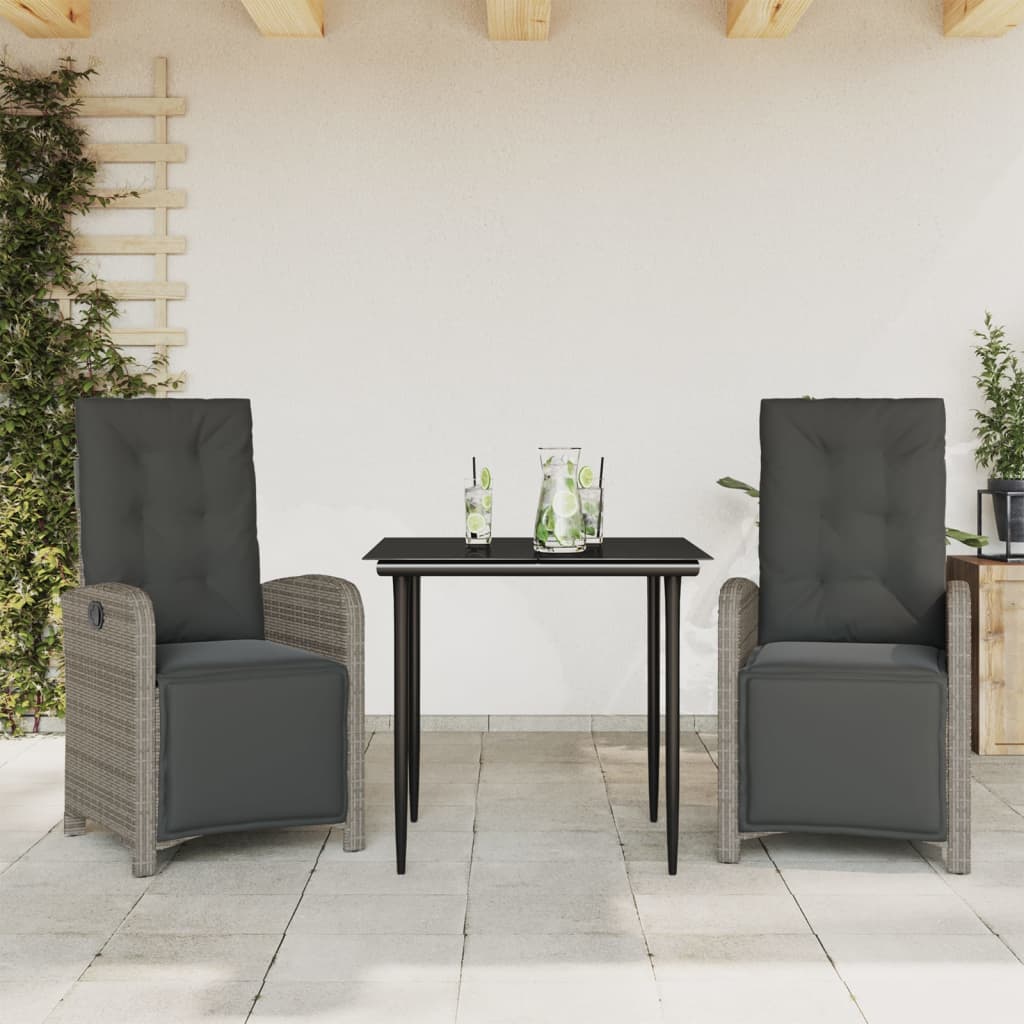 Bistro Set Grey PE rattan Standard Adjustable Footrests