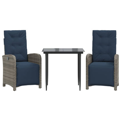 Bistro Set Grey PE Rattan 3 Piece Set Adjustable Footrests