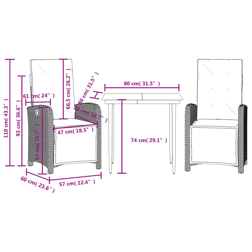 Bistro Set Grey PE Rattan 3 Piece Set Adjustable Footrests