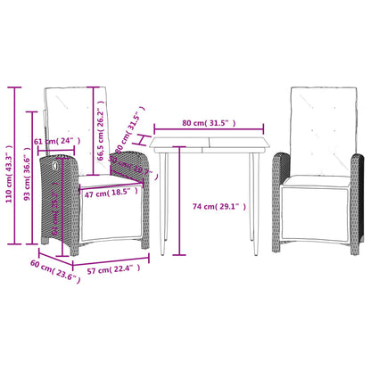 Bistro Set Grey PE Rattan 3 Piece Set Adjustable Footrests