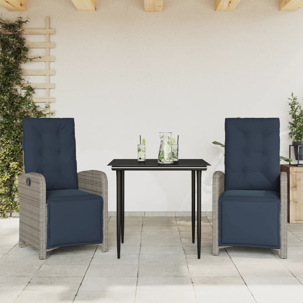 Bistro Set Grey PE Rattan 3 Piece Set Adjustable Footrests