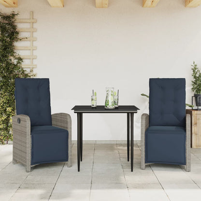 Bistro Set Grey PE Rattan 3 Piece Set Adjustable Footrests