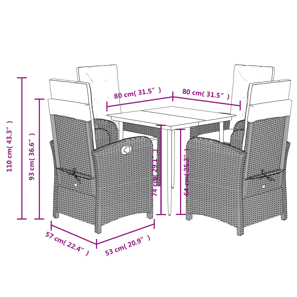 Garden Dining Set Grey Poly Rattan Adjustable Footrests