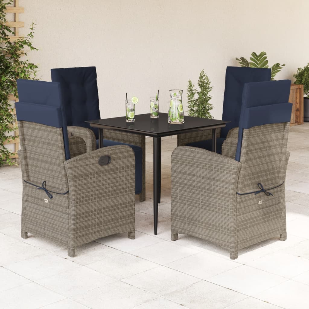 Garden Dining Set Grey Poly Rattan Adjustable Footrests